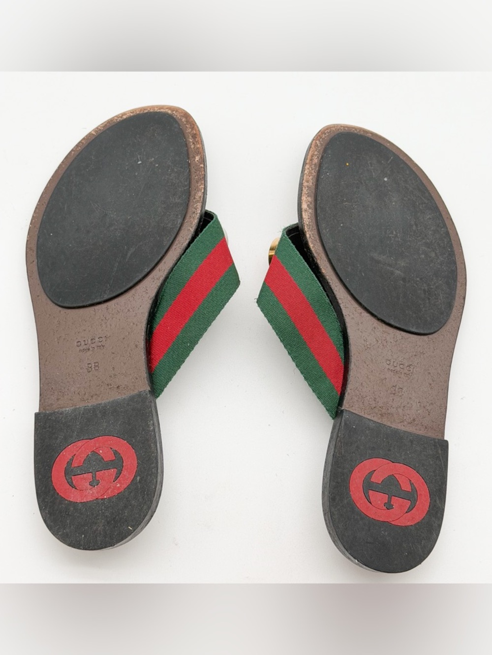 Gucci Kika GG Web Stripe Thong Sandals Black Red Flip Flop Flats EU 38 US 8 - Picture 6 of 10